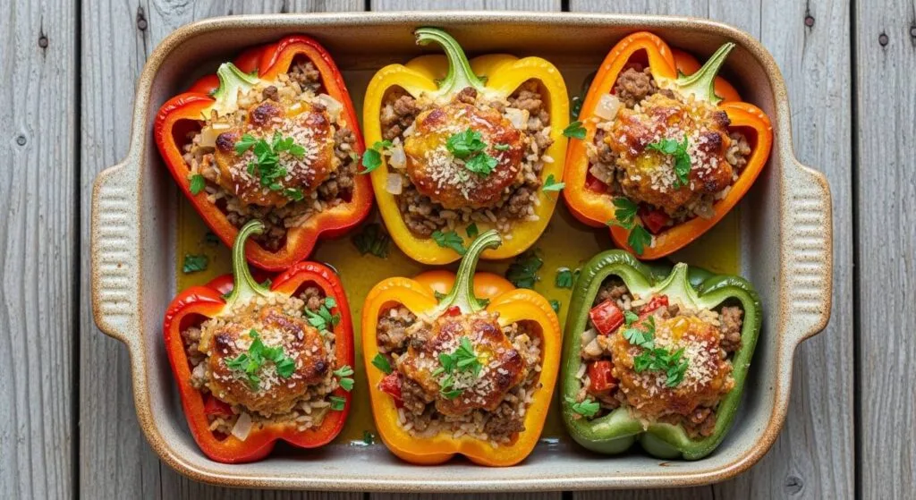 A platter of classic Mediterranean stuffed bell peppers with rice and herbs.