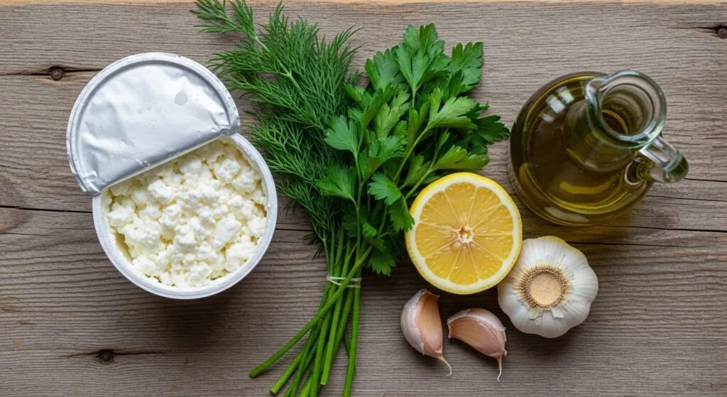Fresh ingredients for garlic herb cottage cheese recipe including lemon, garlic, and herbs.