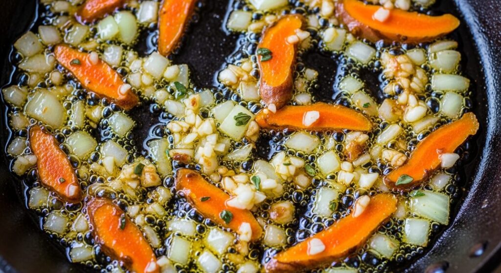 Sautéing Mediterranean spices and aromatics in olive oil for chicken and rice.