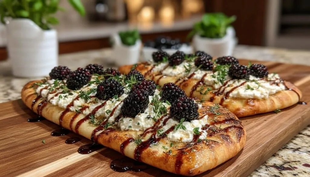 Overhead shot of blackberry and whipped feta flatbread with balsamic drizzle.