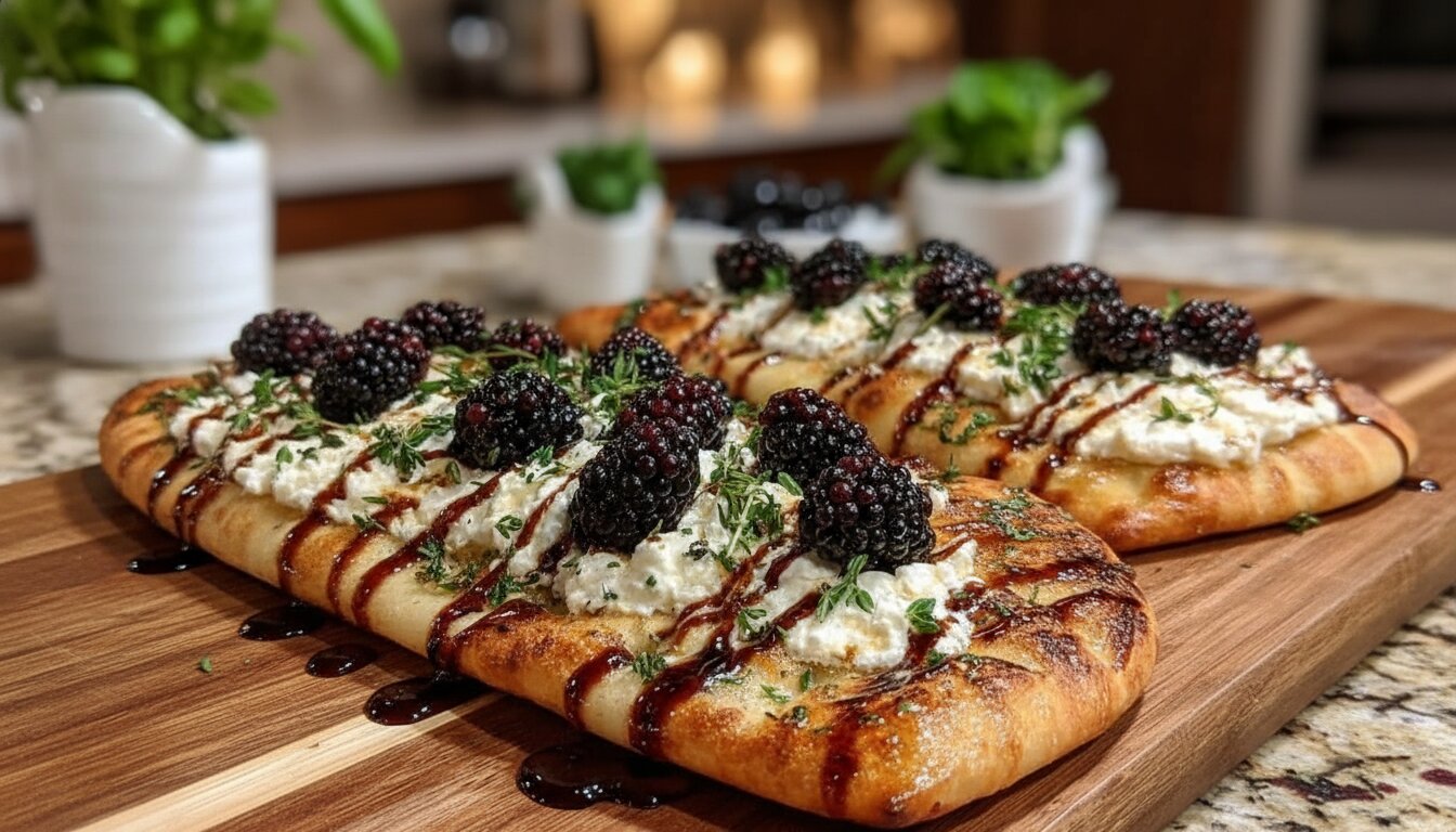 Overhead shot of blackberry and whipped feta flatbread with balsamic drizzle.