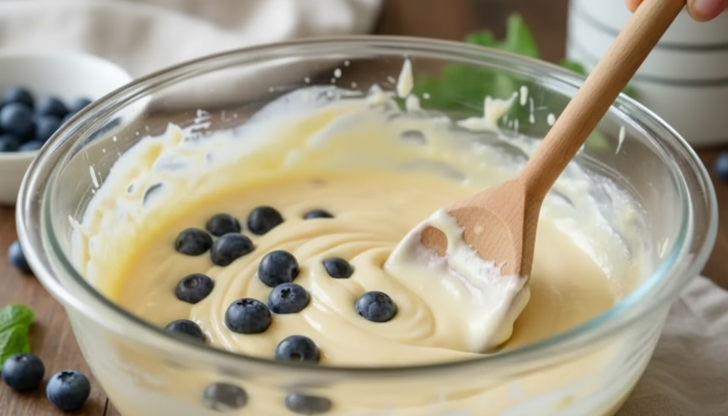 Mixing healthy blueberry bake recipe batter.