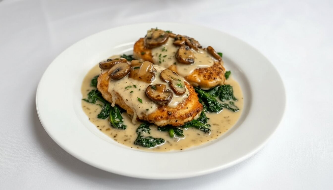 Healthy chicken spinach and mushroom bake in a plate