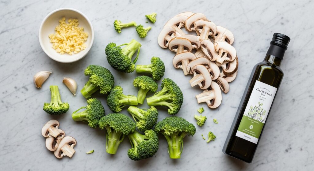 A flat lay of fresh raw broccoli florets, sliced mushrooms, a small bowl of minced garlic, and a bottle of olive oil on a marble countertop.