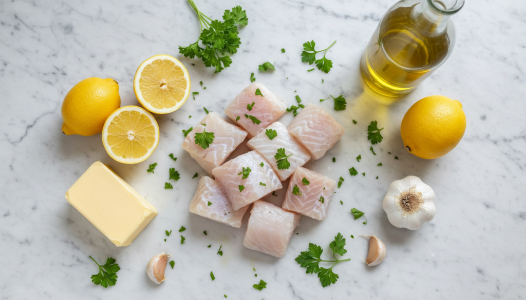 Raw ingredients for Mediterranean lemon garlic fish recipe.