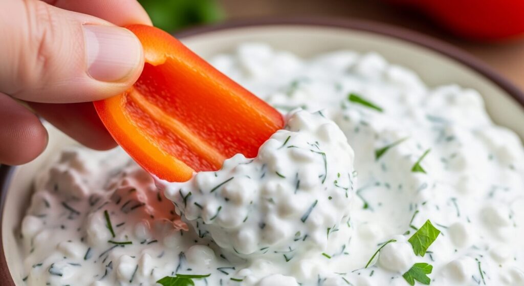 Dipping a red pepper into garlic and herb cottage cheese spread.