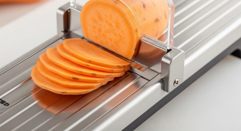Slicing sweet potatoes thinly for healthy sweet potato chips recipe.