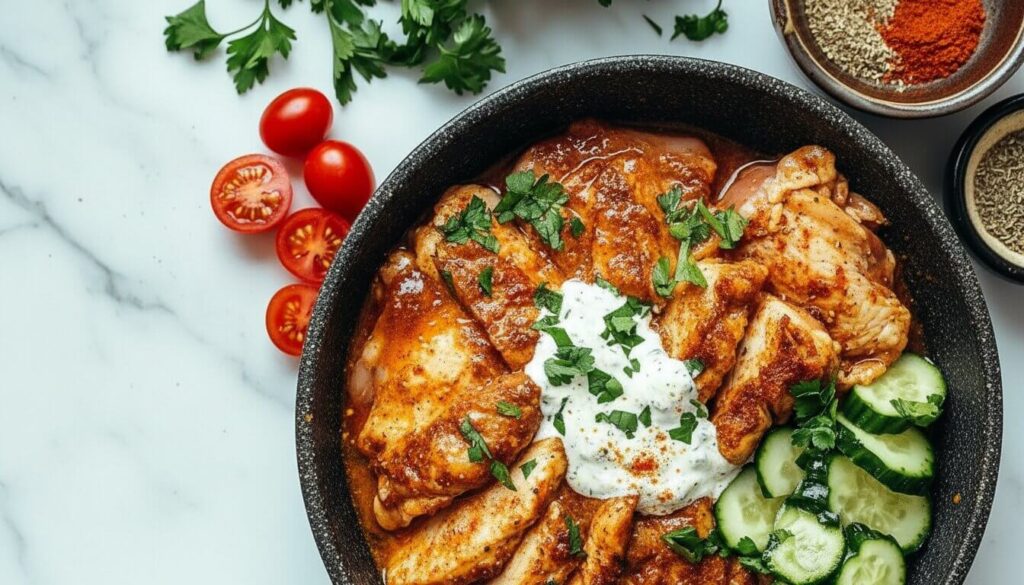 Raw chicken thighs in a Mediterranean shawarma marinade.