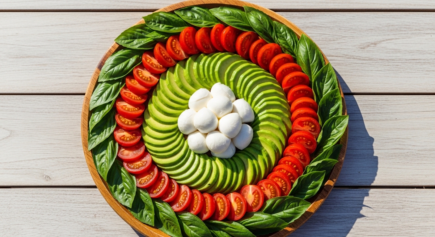 Cheesy Avocado Caprese Platter with balsamic glaze and fresh basil.
