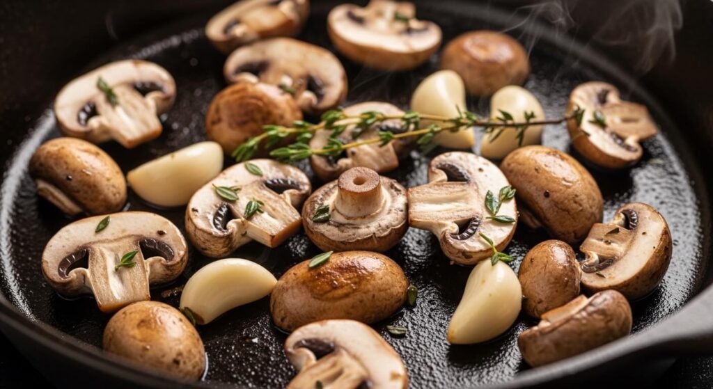 Sautéing fresh cremini mushrooms in olive oil for a chicken casserole.