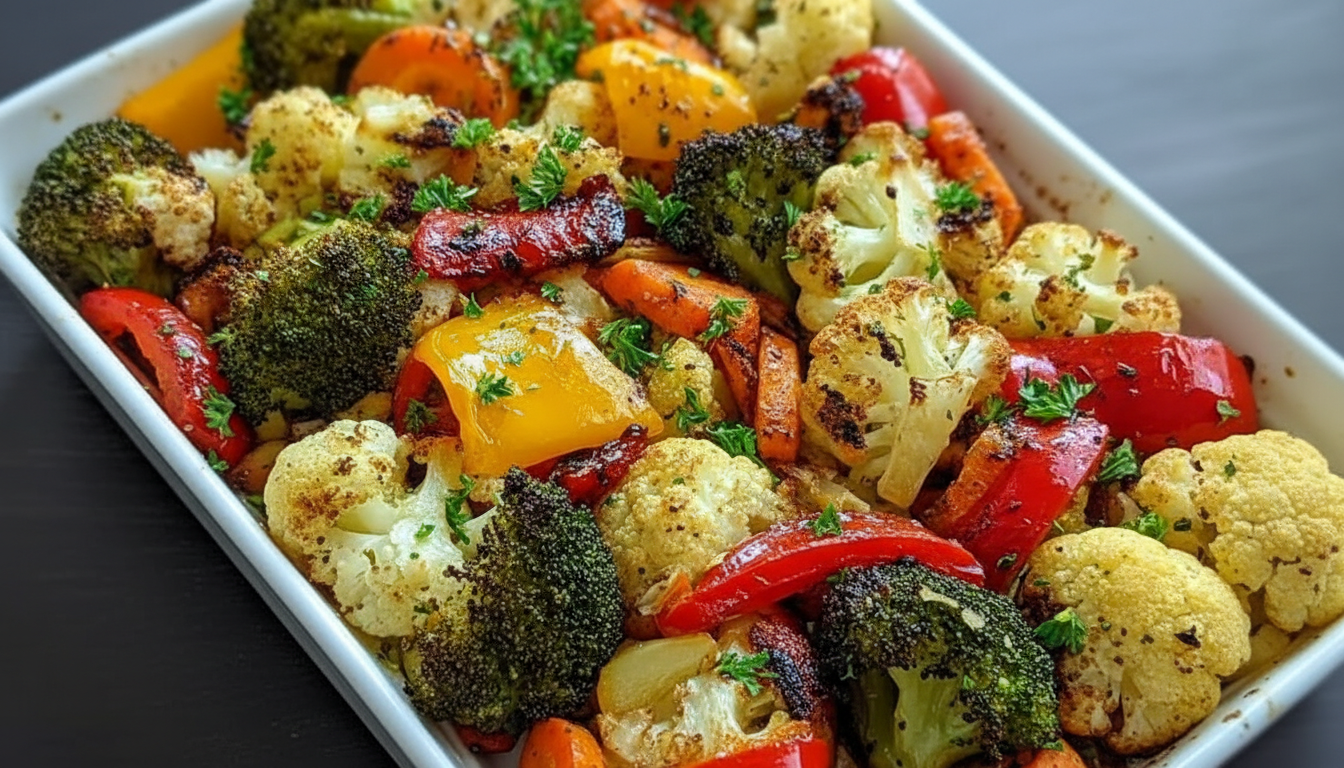 A colorful bowl of roasted mediterranean vegetables with garlic and herbs.