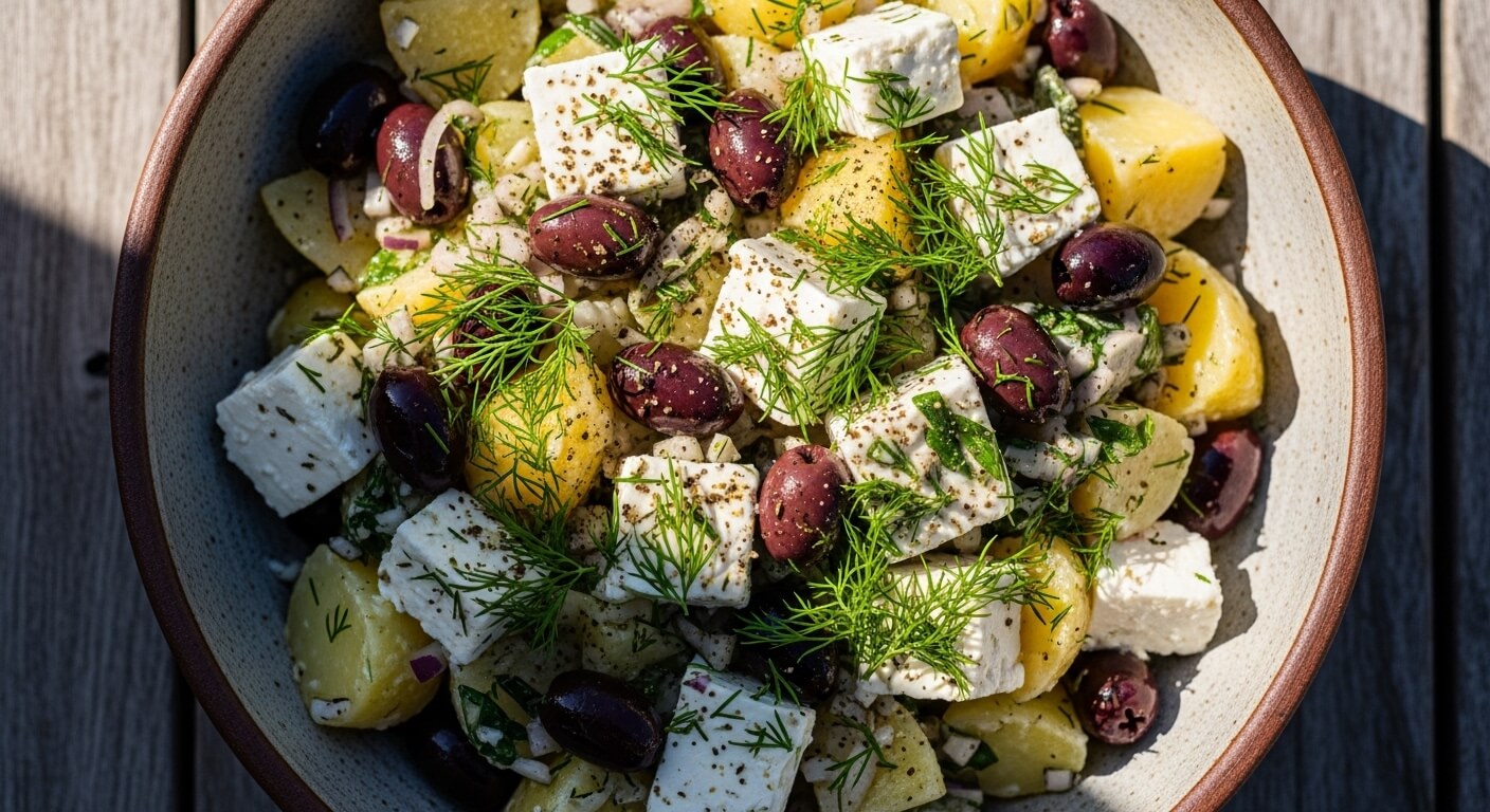 Traditional Greek potato salad with feta and olives in a blue ceramic bowl.