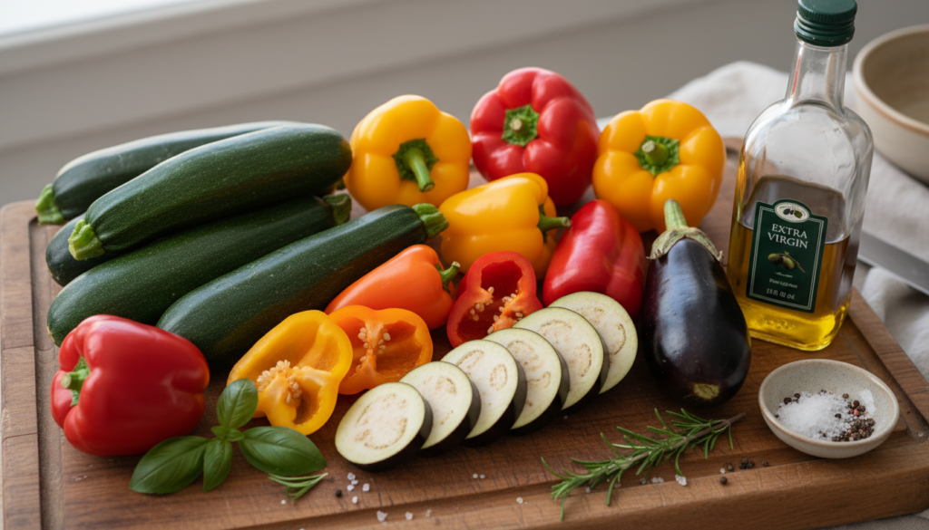 Fresh ingredients for mediterranean vegetable bake recipe