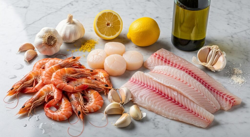 Fresh ingredients for a creamy seafood casserole including shrimp, scallops, and herbs.