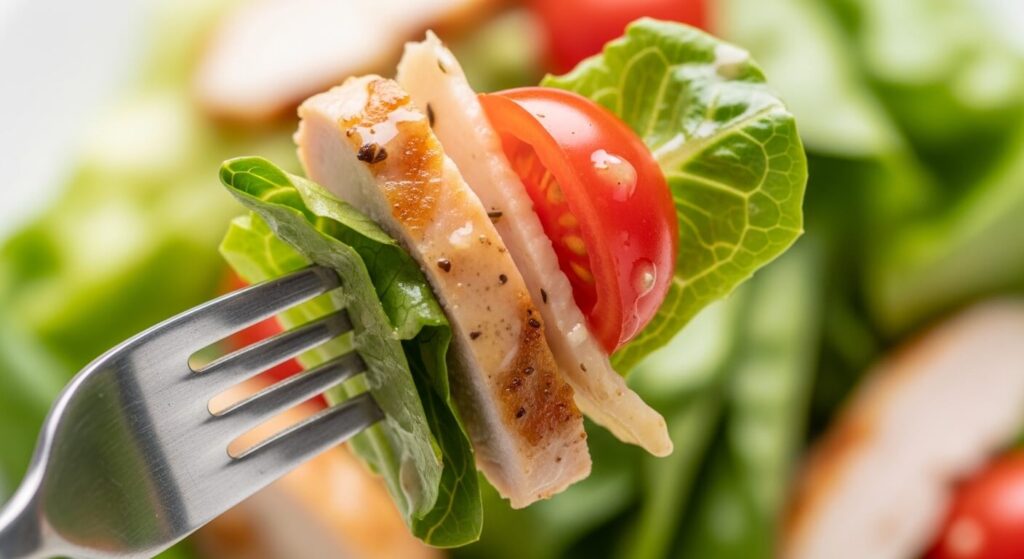 A close-up forkful of Mediterranean chicken salad.