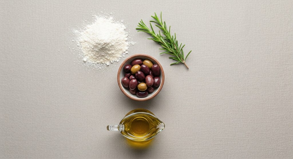 Ingredients for homemade rosemary focaccia including olives and herbs.