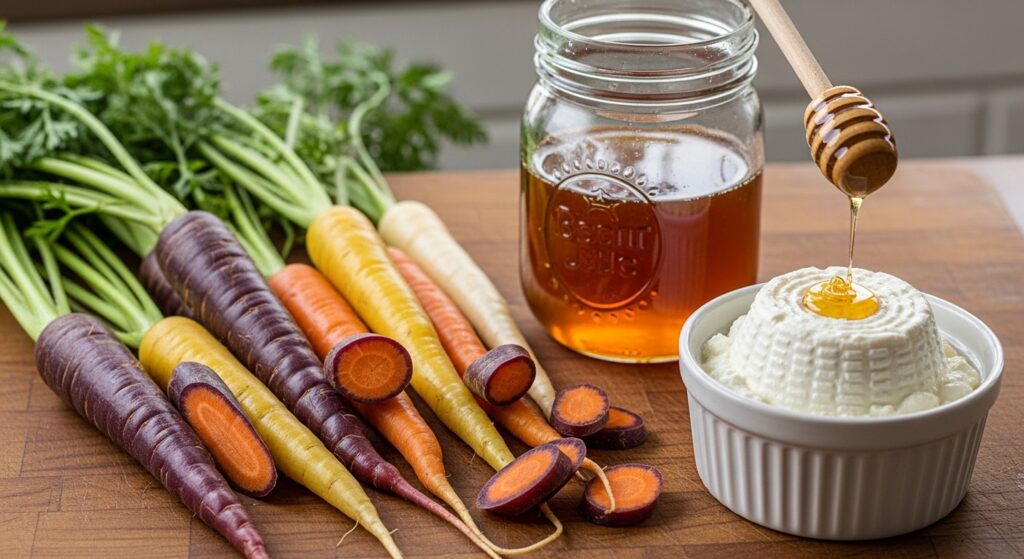 Fresh ingredients for Mediterranean roasted carrots including olive oil and spices.