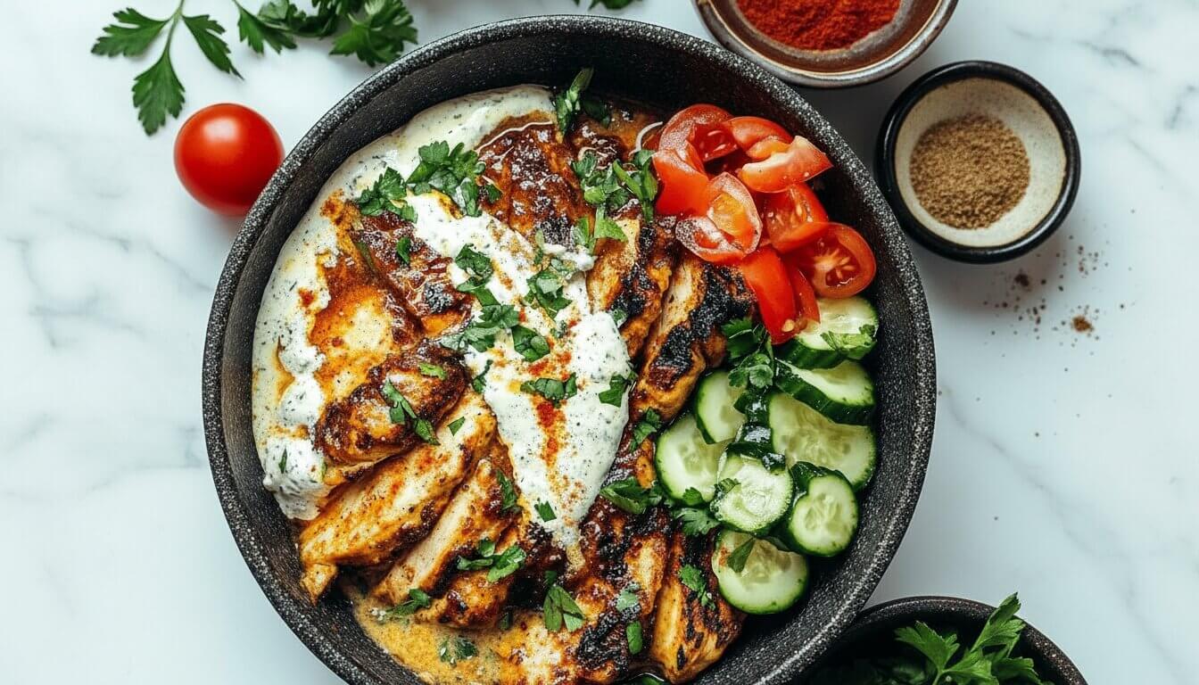 Healthy chicken shawarma bowl with cucumber tomato and garlic sauce.