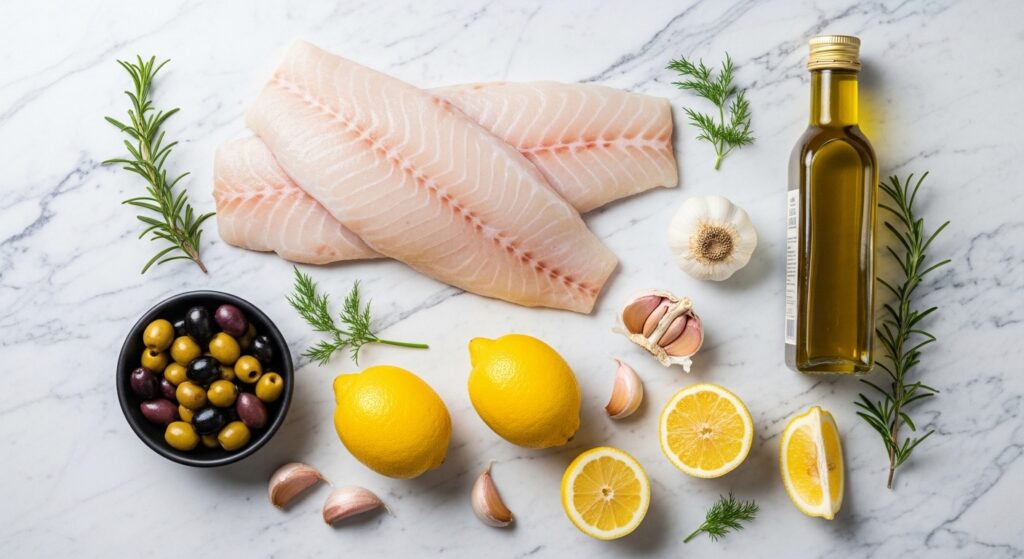 Fresh ingredients for Mediterranean baked white fish recipe including lemon and garlic.