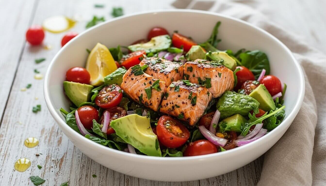 Pan-seared salmon avocado salad with cucumber, red onion, cherry tomatoes and lemon herb dressing.