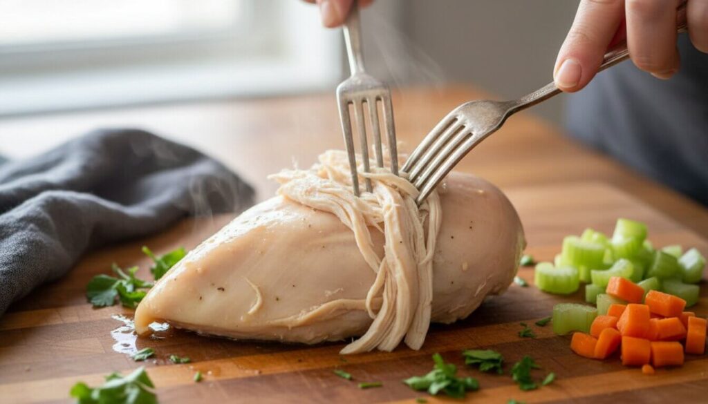 Shredding cooked chicken for vegetable soup.