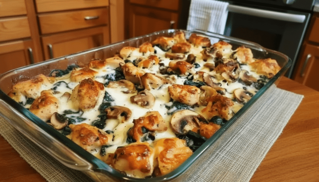 Plated low carb chicken casserole with spinach