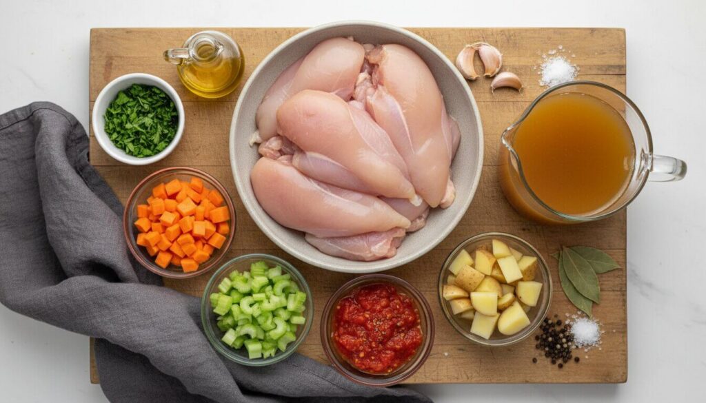 Ingredients for Mediterranean chicken vegetable soup recipe.