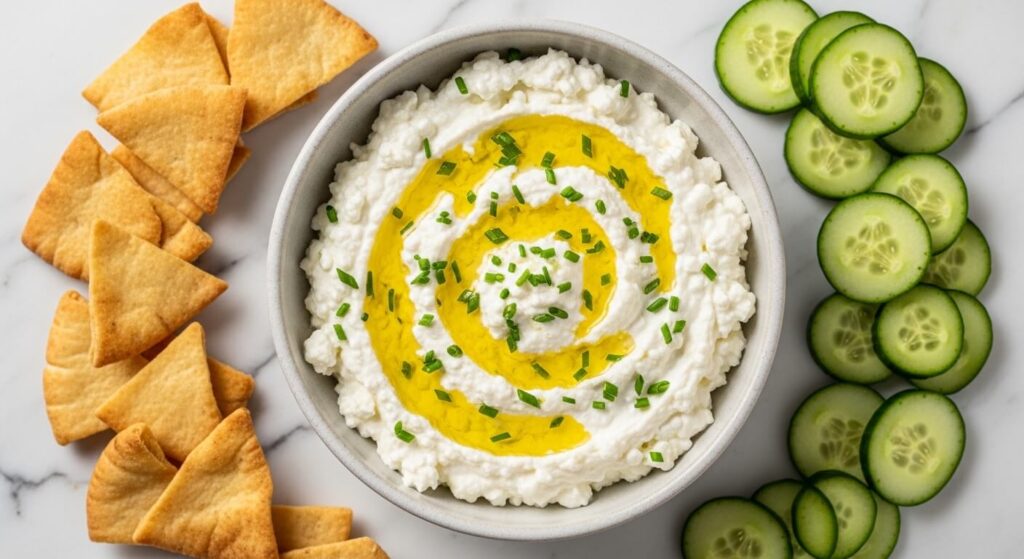 Whipped garlic and herb cottage cheese dip served with pita chips.