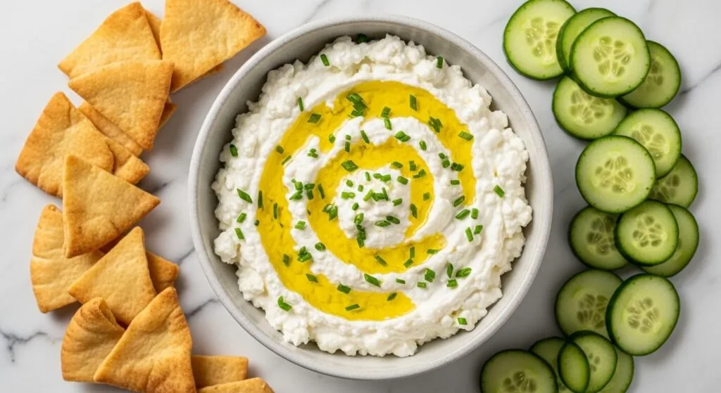 Whipped garlic and herb cottage cheese dip served with pita chips.