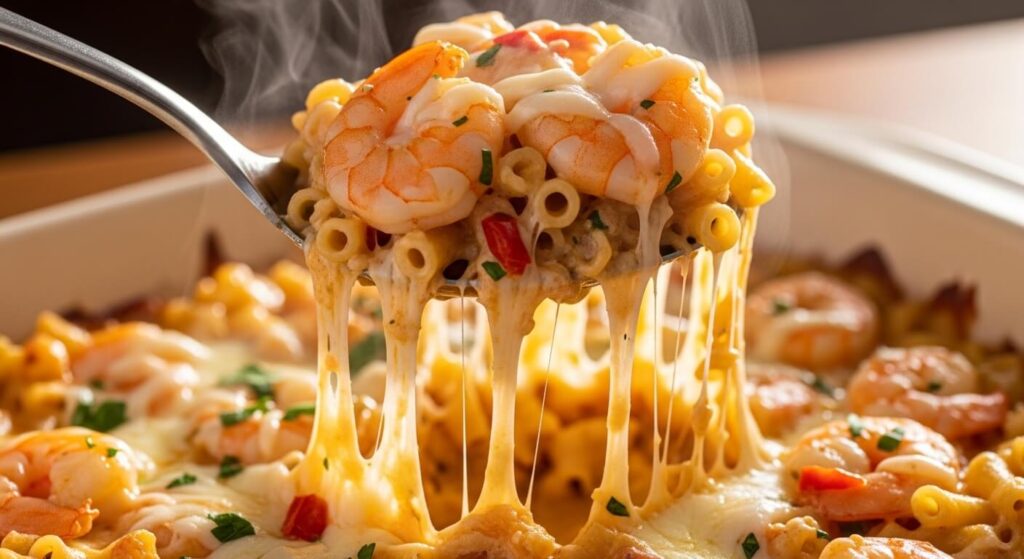 Cheesy pasta pull from a shrimp scampi bake.