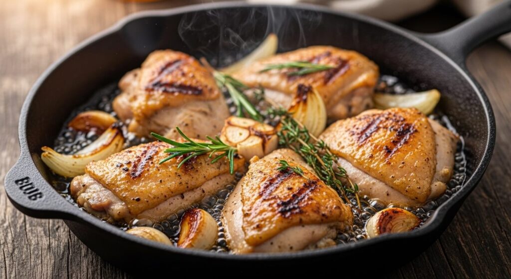 Searing chicken for lemon dijon orzo recipe.
