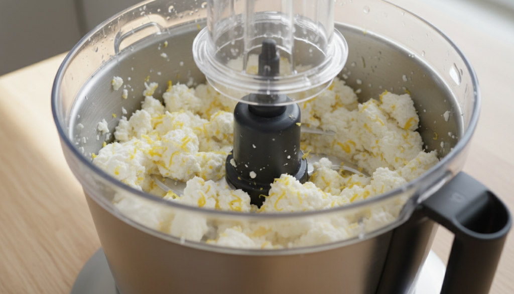 Process of making creamy whipped feta for mediterranean flatbread.