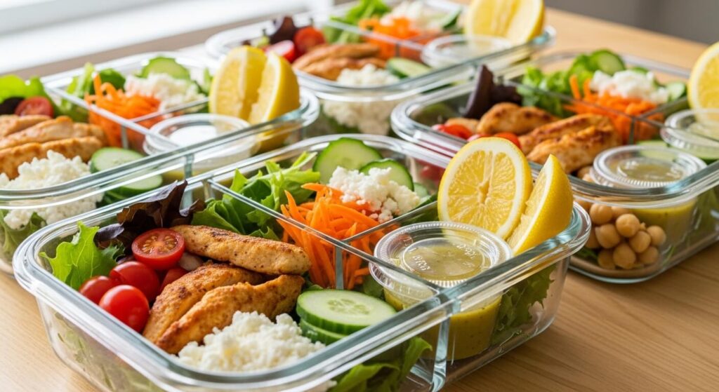 Meal prep containers filled with roasted cauliflower and fregola salad.