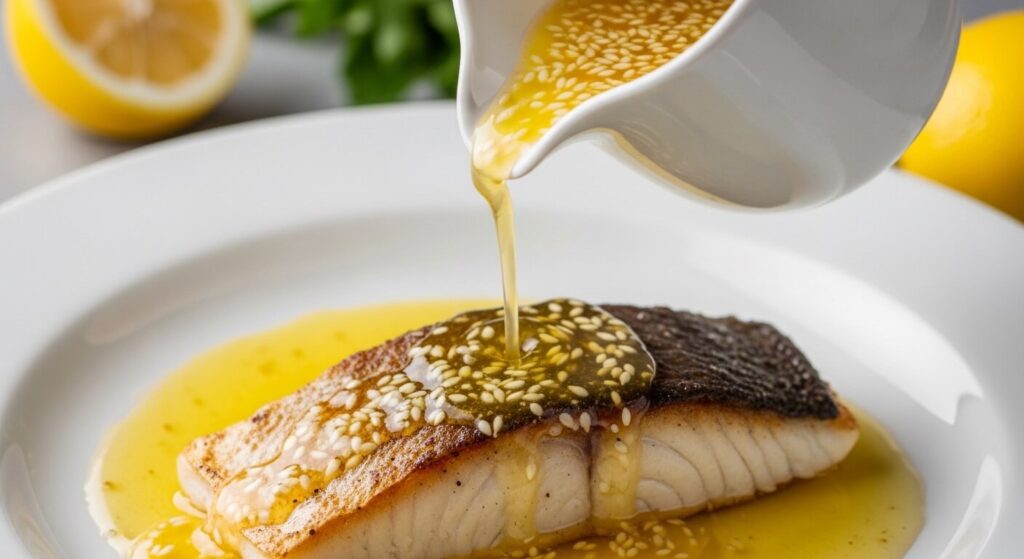 Pouring lemon garlic butter sauce over seared cod fillets.
