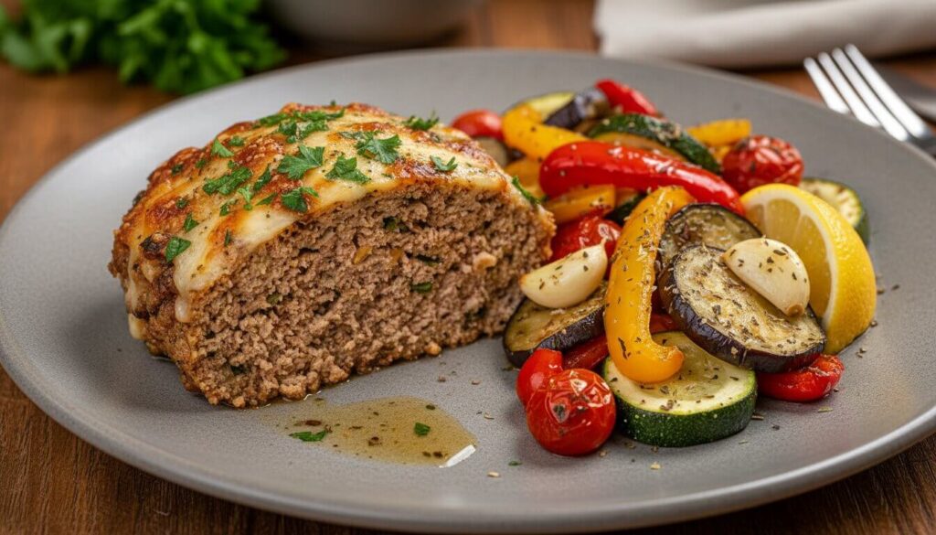 Healthy chicken meatloaf option served with roasted vegetables.