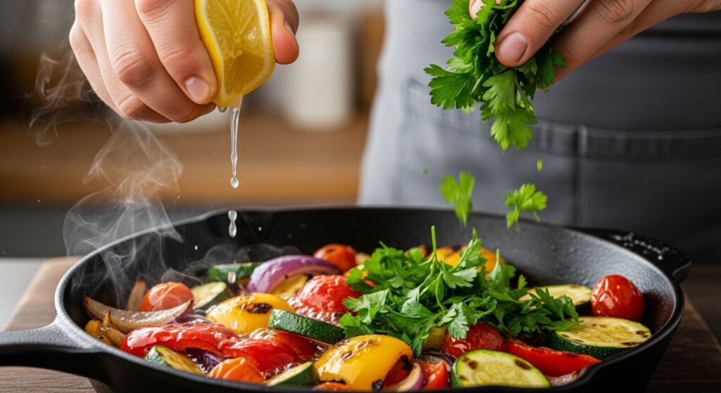 Adding lemon juice and parsley to a vegetable skillet.