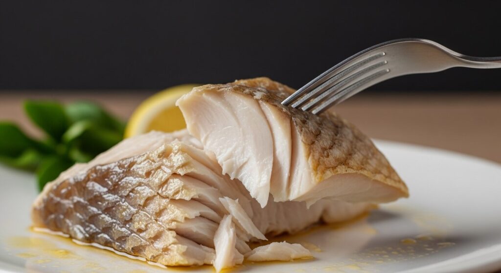 Checking if baked cod is done with a fork flake test.