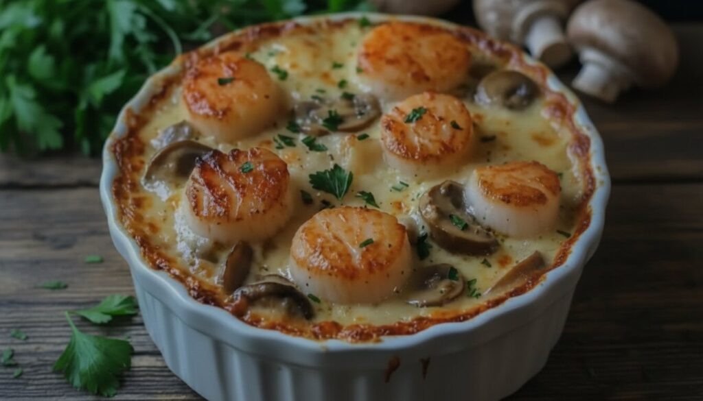 Gourmet Seafood Cassolette recipe featuring shrimp and scallops in a creamy sauce.