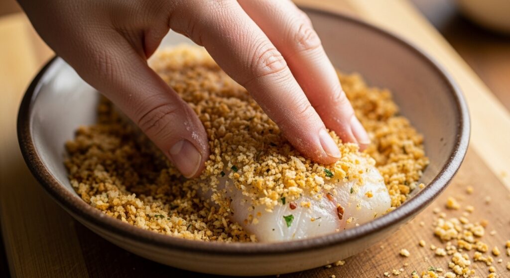 Process shot of dredging white fish in panko breadcrumbs.