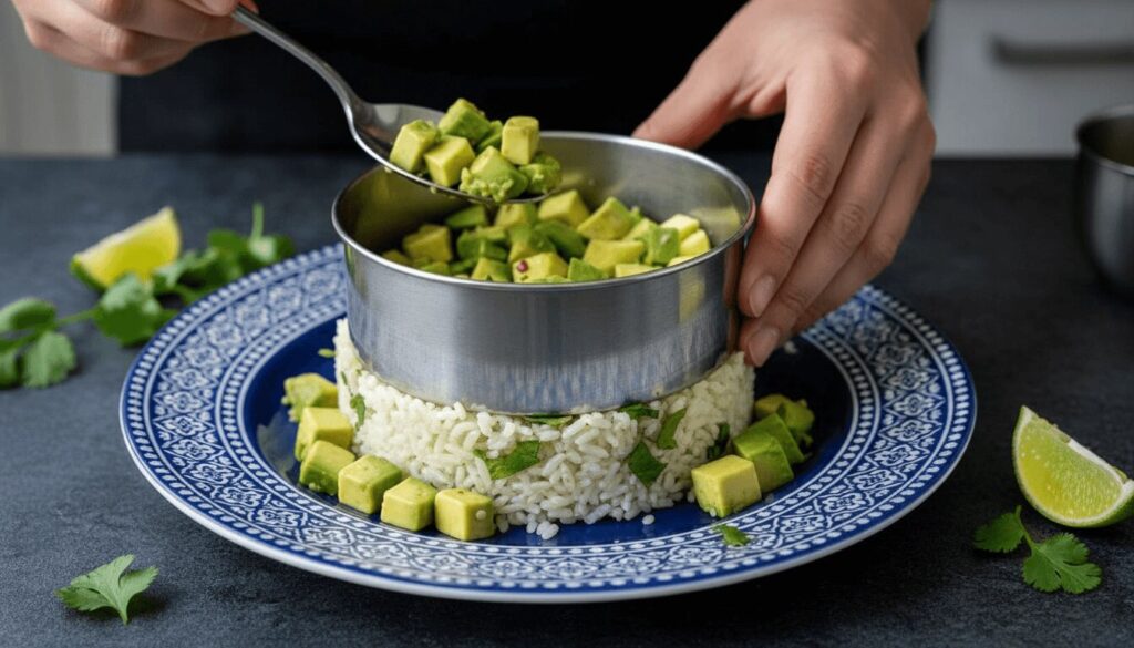 Assembling a food stack using a ring mold.
