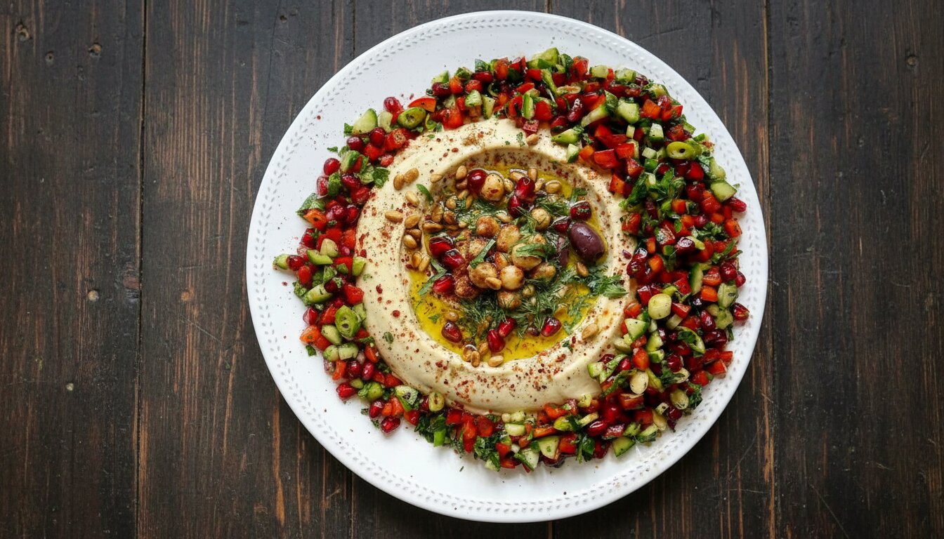 A colorful Mediterranean hummus bowl topped with vibrant red sumac onion salad and fresh parsley.
