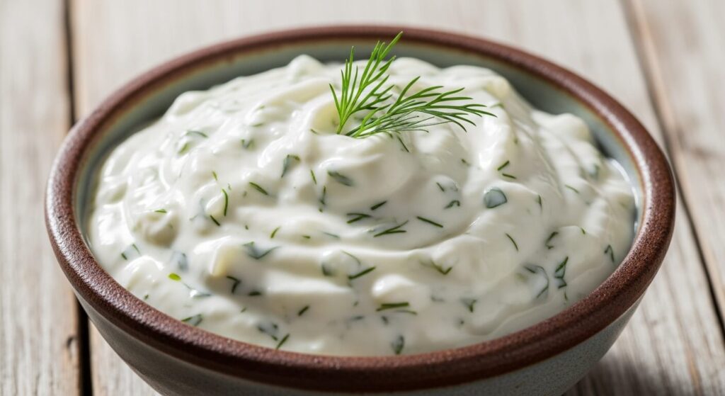Homemade Greek yogurt tzatziki sauce for chicken and rice.