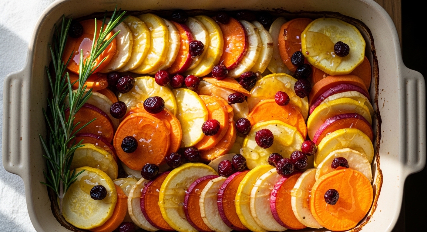 Layered Sweet Potato, Squash and Carrot Bake with Cranberry-Honey Drizzle in a ceramic dish.