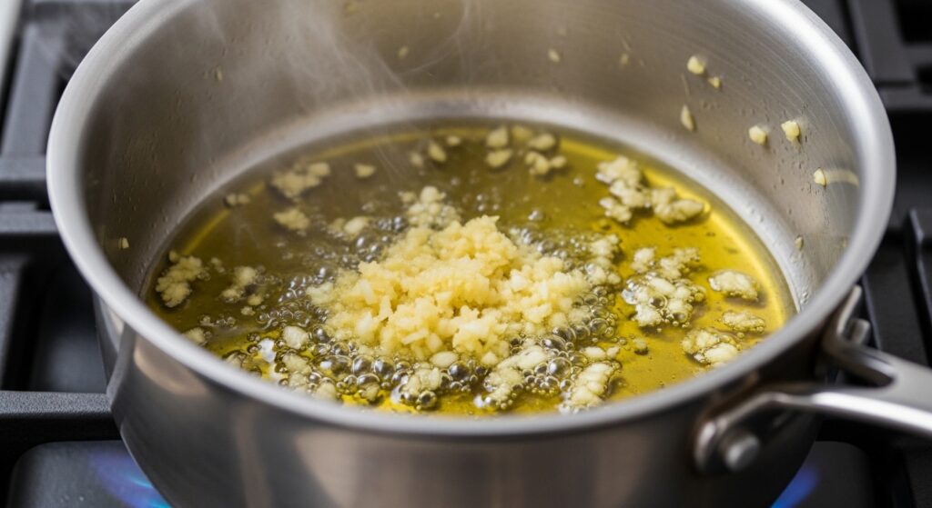 Sautéing ginger and garlic in olive oil for healing ginger broth.