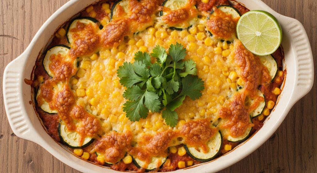 Top-down view of a cheesy Tex-Mex zucchini corn casserole with cilantro garnish.
