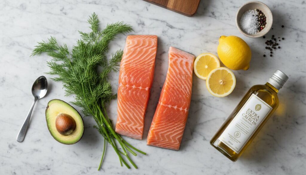 Fresh ingredients for a Mediterranean salmon avocado salad recipe.