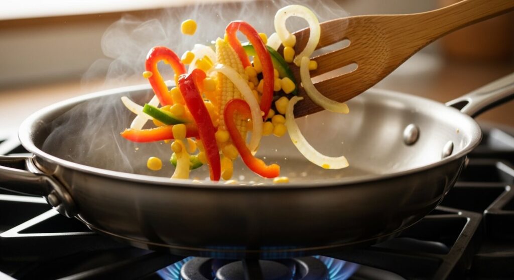 Sautéing bell peppers and onions in olive oil for a Mediterranean chicken quesadillas recipe.