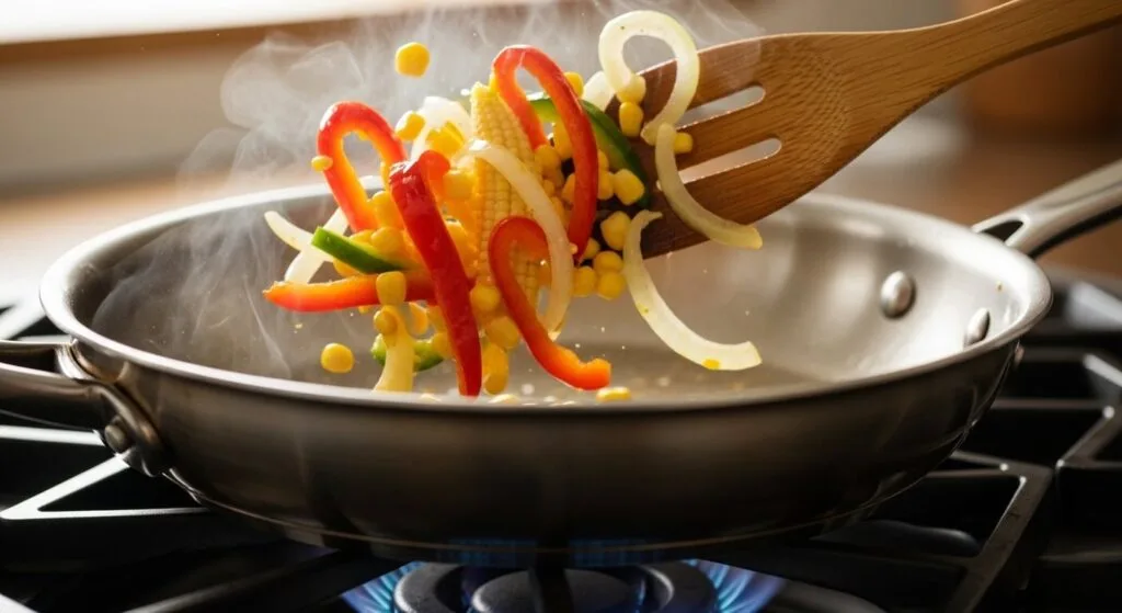 Sautéing bell peppers and onions in olive oil for a Mediterranean chicken quesadillas recipe.
