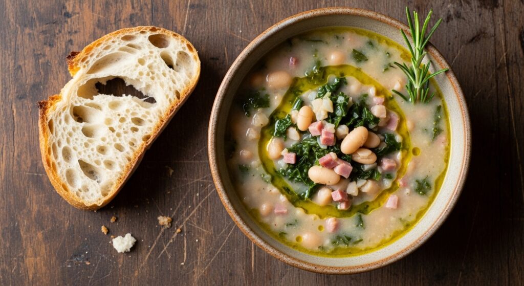 Hearty Tuscan White Bean Soup in a ceramic bowl with rosemary garnish and olive oil drizzle