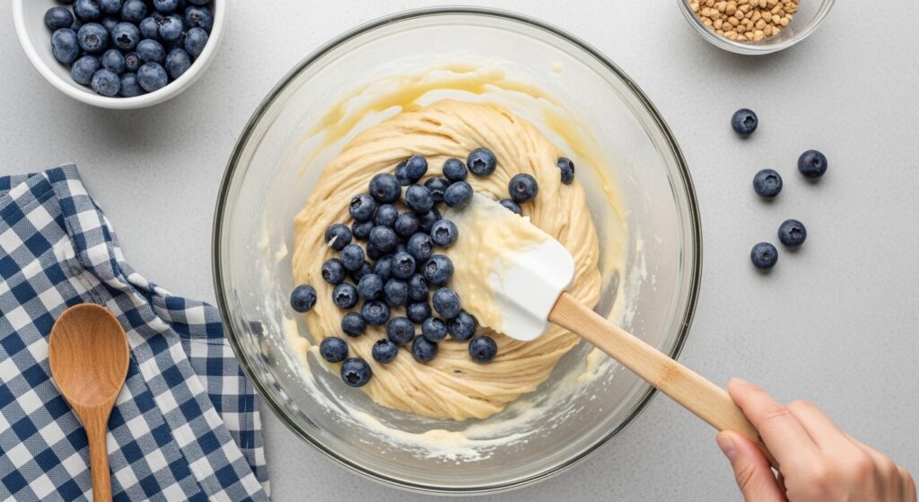 Close-up of blueberry pancake batter with Greek yogurt.